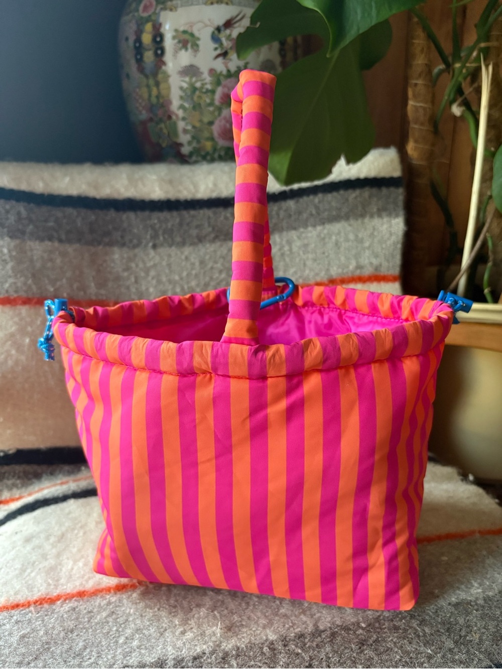 Stripe Nylon Top Handle Cinch Bucket Bag